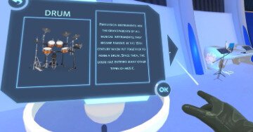 Music Hall VR environment screenshot showing a drum lesson panel