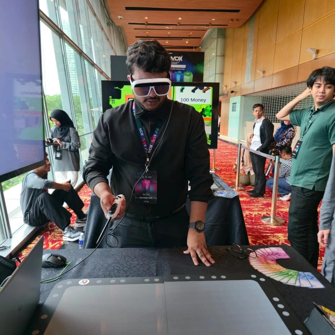 Demoing AR smart glasses at a tech exhibition