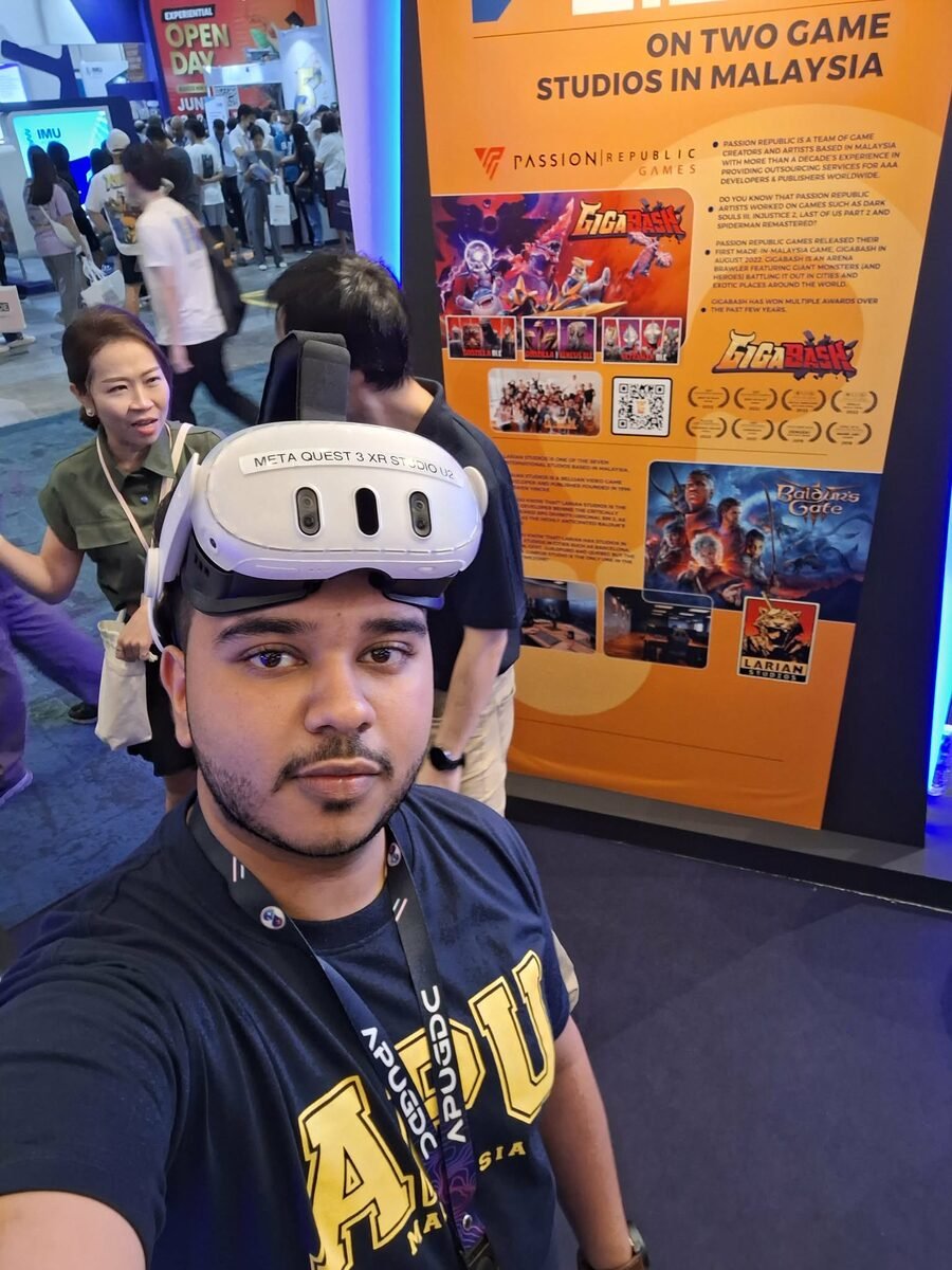 Wearing a Meta Quest 3 headset at an XR games expo